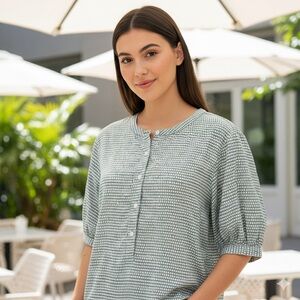 Bridge & Burn Sage Green & White Plaid Linen &‎ Modal Blouse Size S